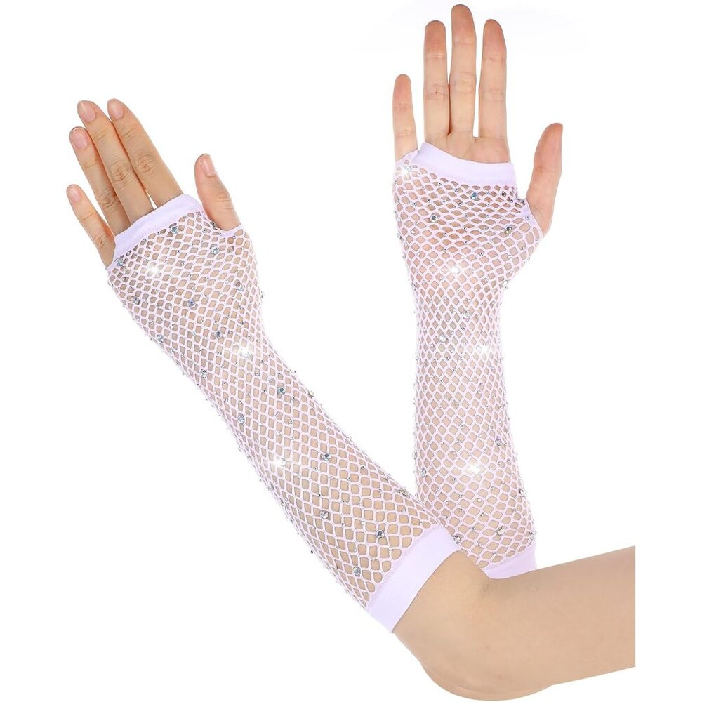 Women's White Punk Fish Net Arm Sleeve Rhinestone Gloves Costume Halloween